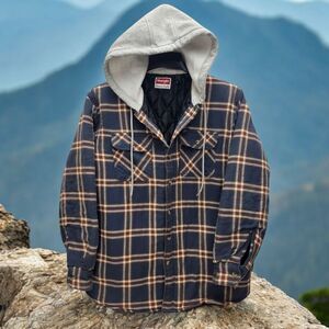 Wrangler Hooded Flannel Shirt Jacket Shacket Mens Medium Quilted Lining Blue Tan